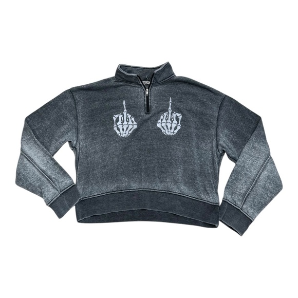 Double Zero Sweaters - Double Zero Skeleton Hands 1/4 Zip Oversized Cropped Sweater Womens L